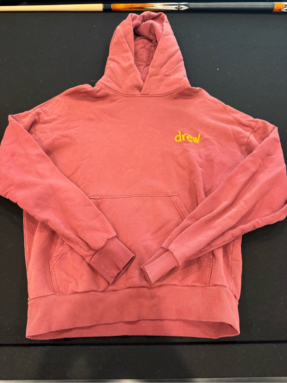 drew house rose pink hoodie with yellow logo